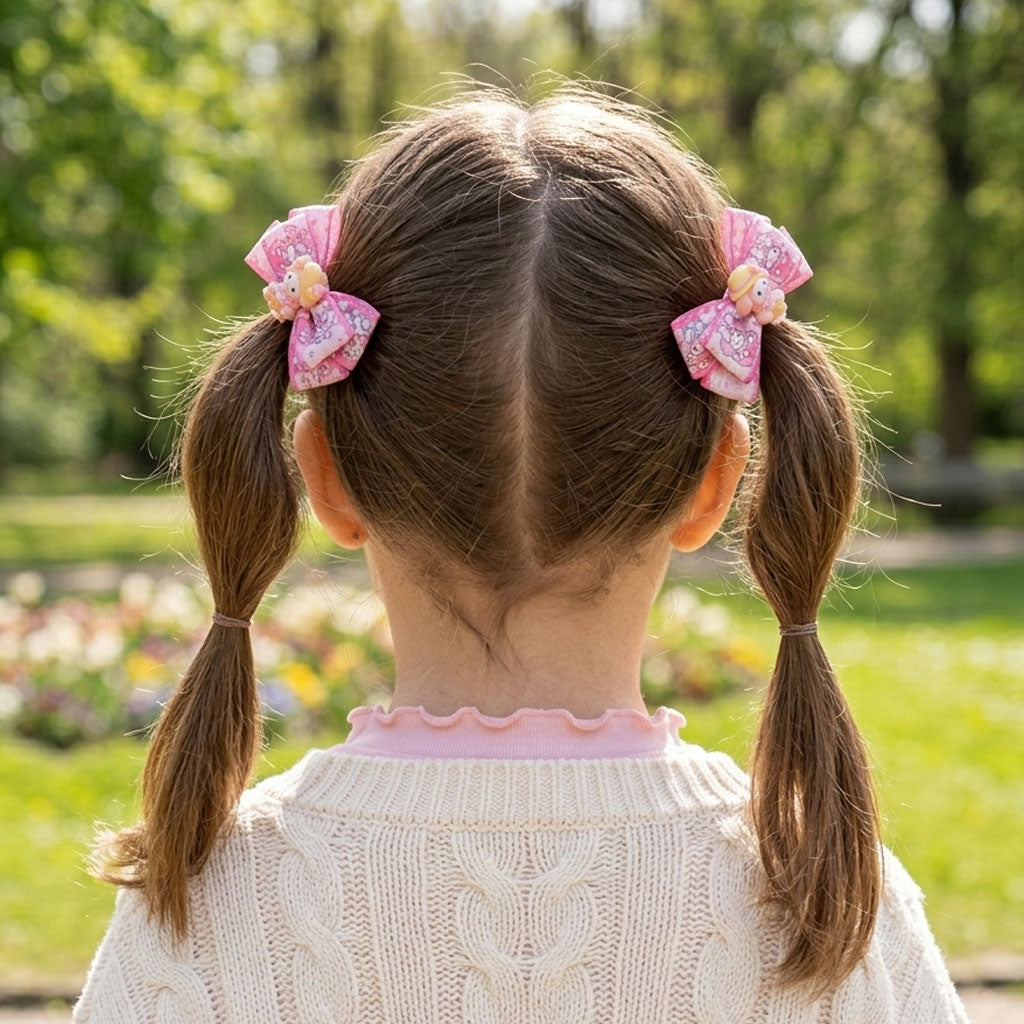 Pink Melody Cartoon Ribbon Bow Hair Clip – Cute Handmade Princess Hair Accessories for Baby & Kids (Pair)