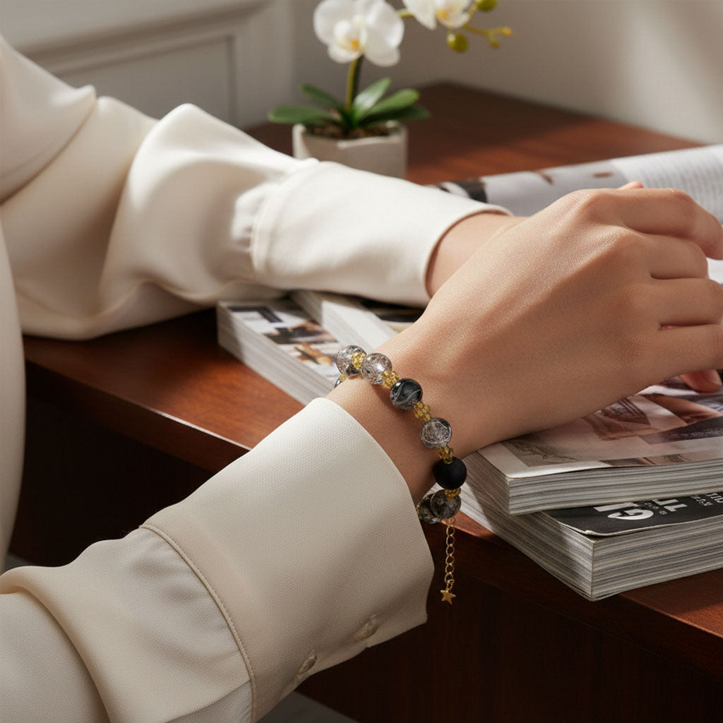 Midnight Aurelia Bracelet – Marble Beads with Gold Star Charm