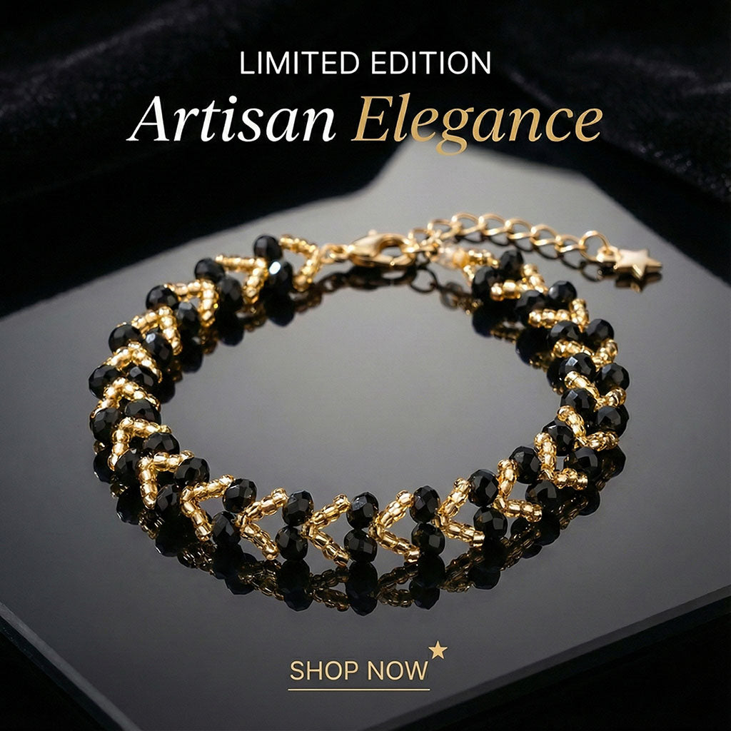 Golden Heart Bracelet – Black & Gold Beaded Handmade Bracelet