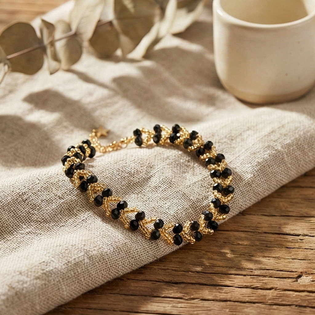 Golden Heart Bracelet – Black & Gold Beaded Handmade Bracelet