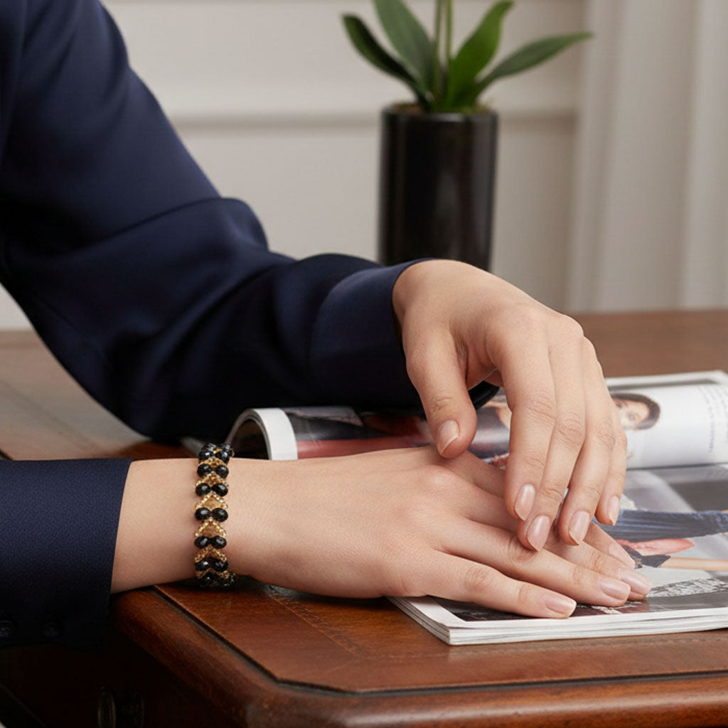 Golden Heart Bracelet – Black & Gold Beaded Handmade Bracelet