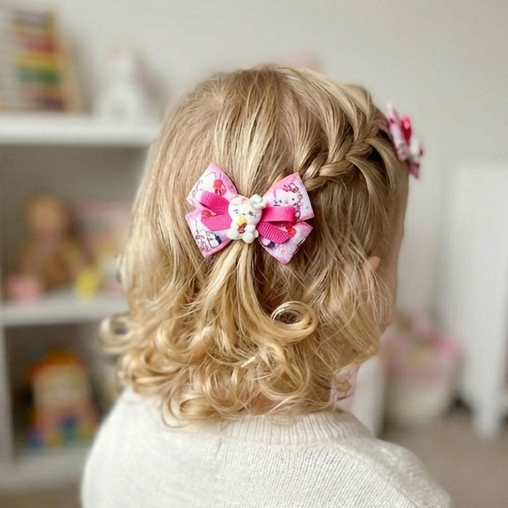 Pink Kitty Cartoon Ribbon Bow Hair Clip for Baby & Kids | Cute Handmade Hair Accessories (Pair)