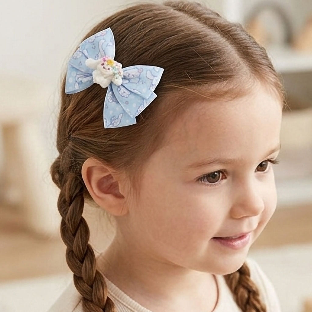 Blue Cloud Bunny Cartoon Ribbon Bow Hair Clip for Baby & Kids | Cute Handmade Pastel Hair Accessories (Pair)