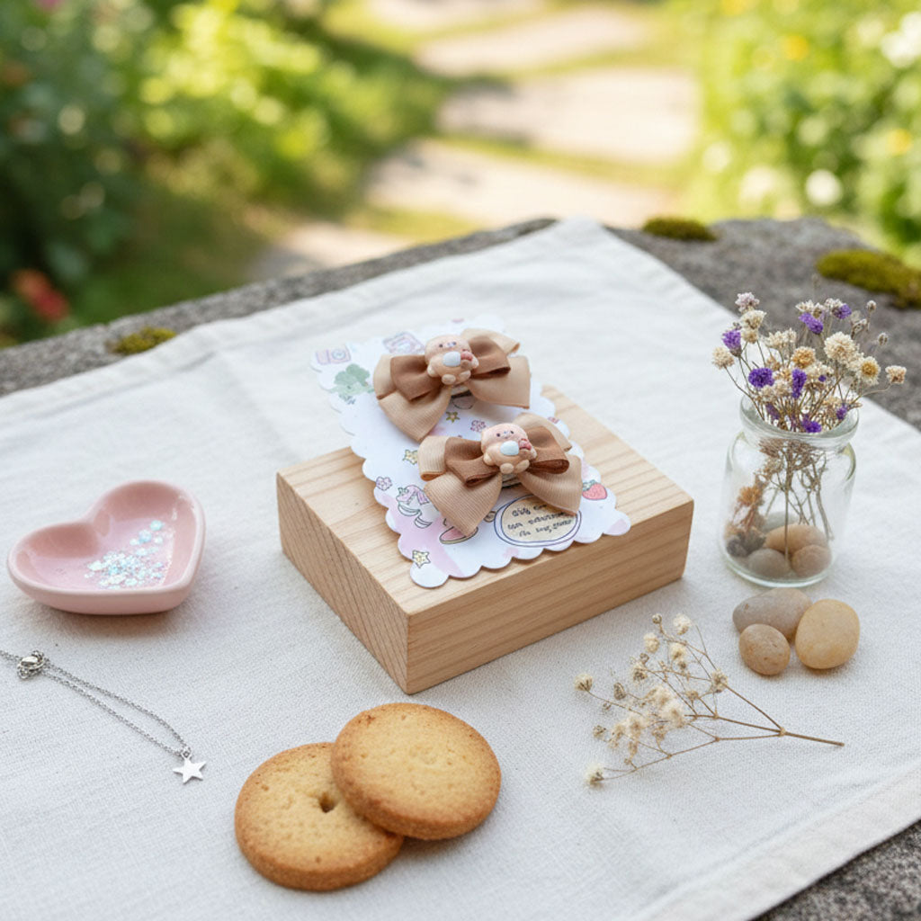 Bear Latte Bow Hair Clip Set – Soft Beige & Mocha Cute Ribbon Bows