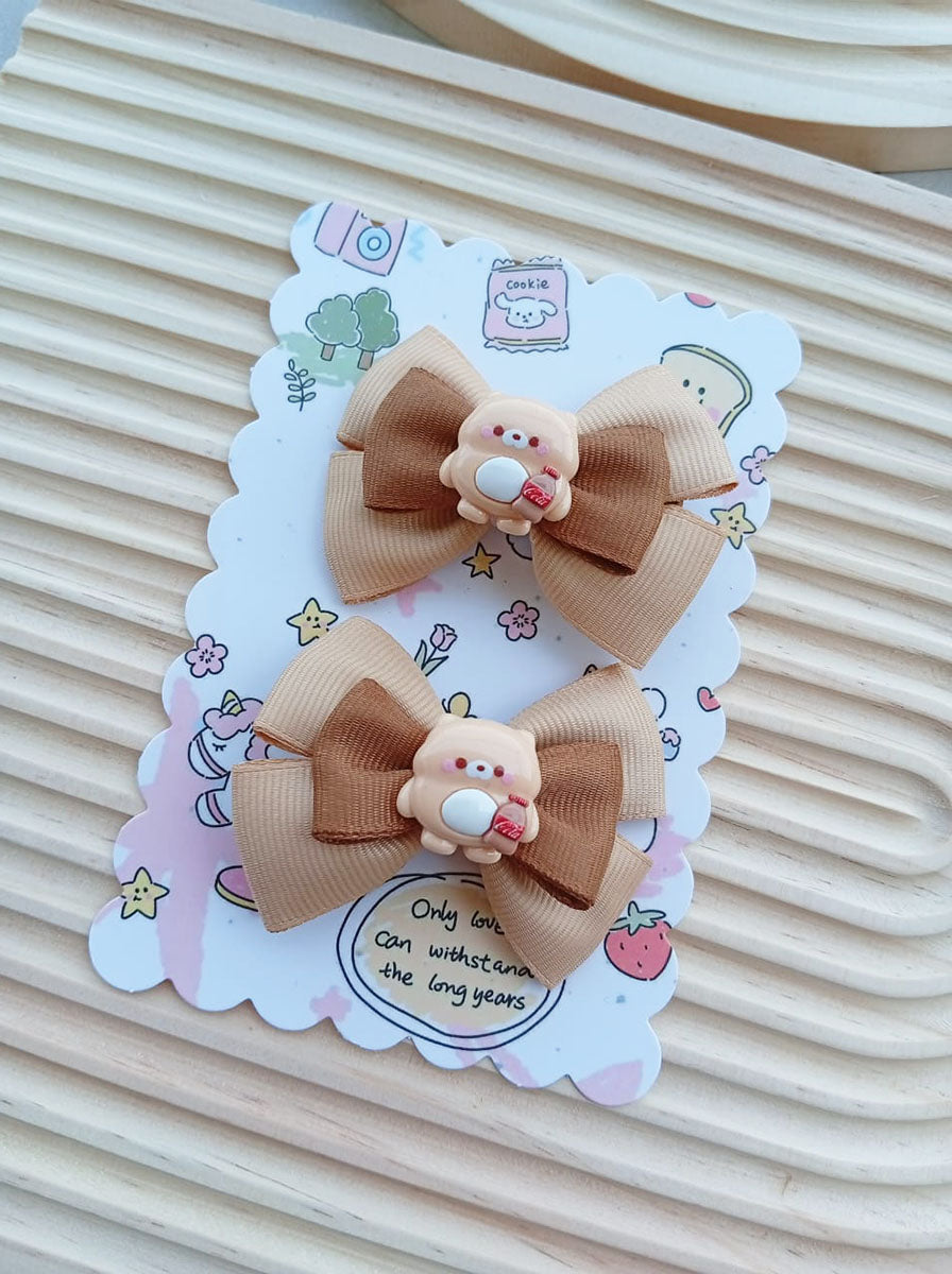 Bear Latte Bow Hair Clip Set – Soft Beige & Mocha Cute Ribbon Bows