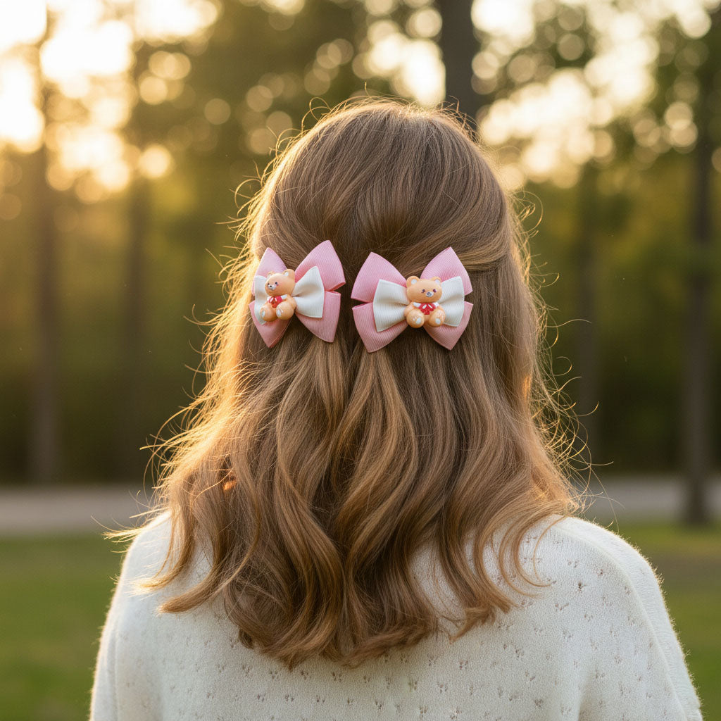 Pink Teddy Bear Bow Hair Clip Set – Handmade Ribbon Bows with Cute Bear Charm