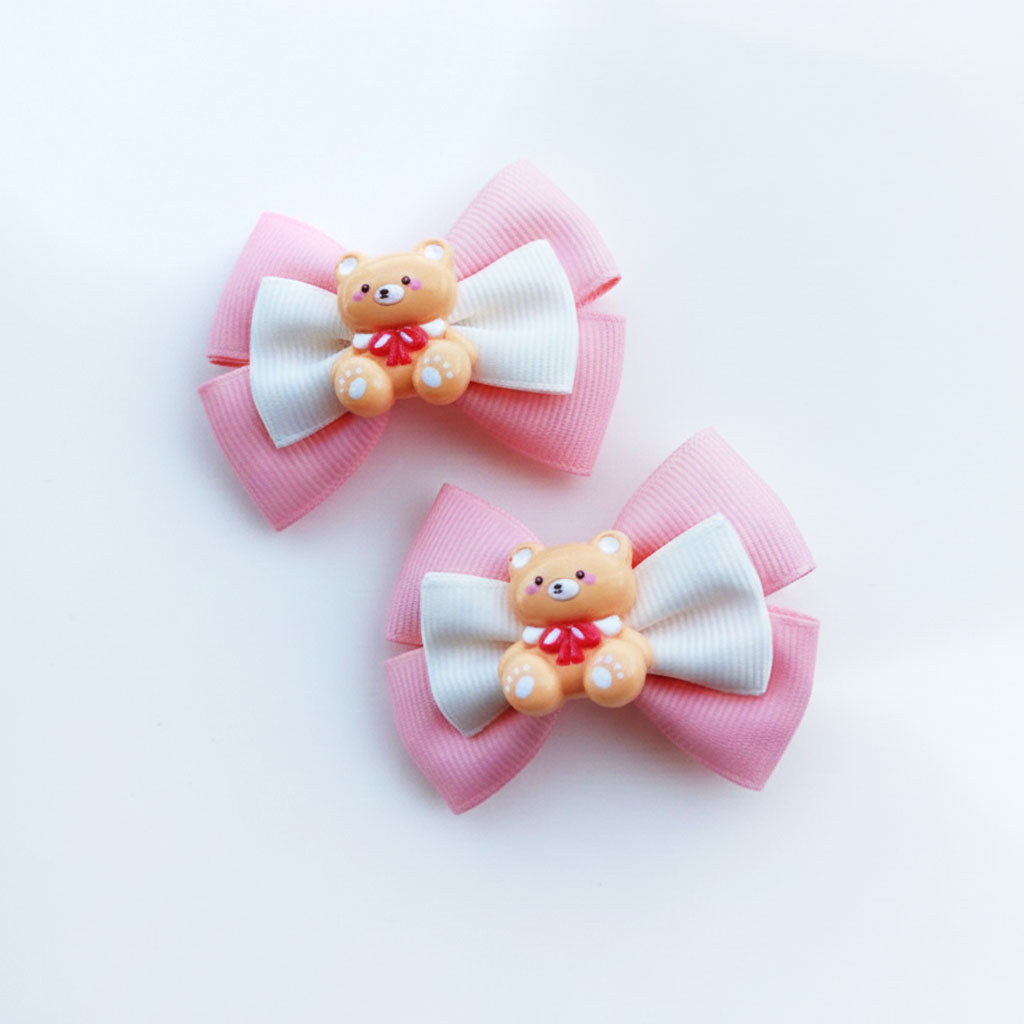 Pink Teddy Bear Bow Hair Clip Set – Handmade Ribbon Bows with Cute Bear Charm