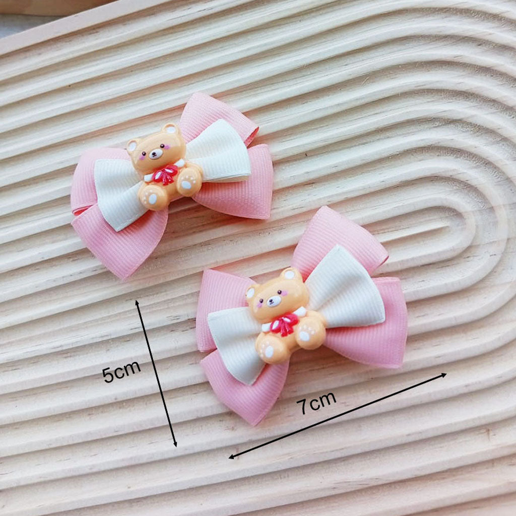 Pink Teddy Bear Bow Hair Clip Set – Handmade Ribbon Bows with Cute Bear Charm