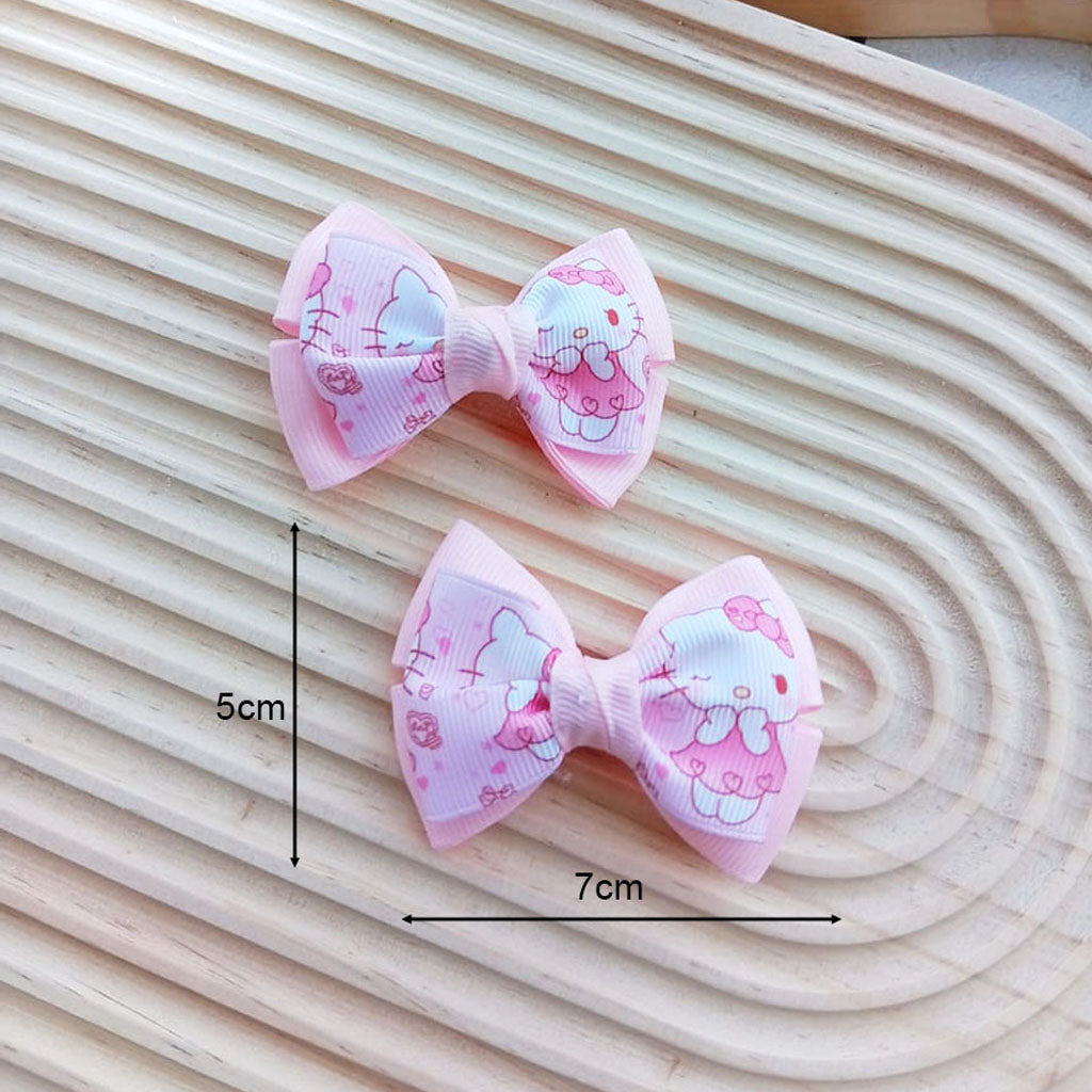 Pastel Pink Cartoon Kitty Bow Hair Clip Set – Handmade Ribbon Bows