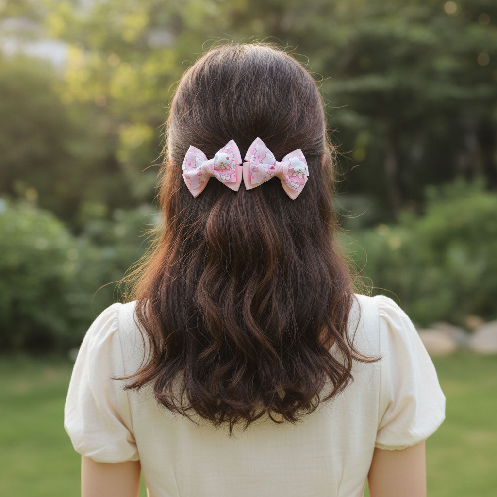 Pastel Pink Cartoon Kitty Bow Hair Clip Set – Handmade Ribbon Bows