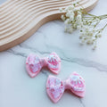 Pastel Pink Cartoon Kitty Bow Hair Clip Set – Handmade Ribbon Bows