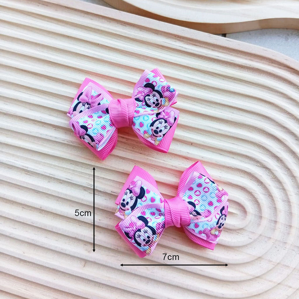 Pink Cartoon Mouse Bow Hair Clip Set – Handmade Ribbon Bows
