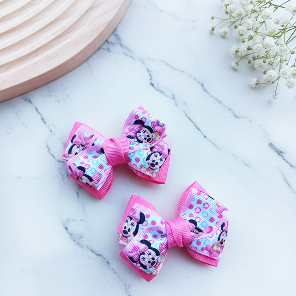 Pink Cartoon Mouse Bow Hair Clip Set – Handmade Ribbon Bows