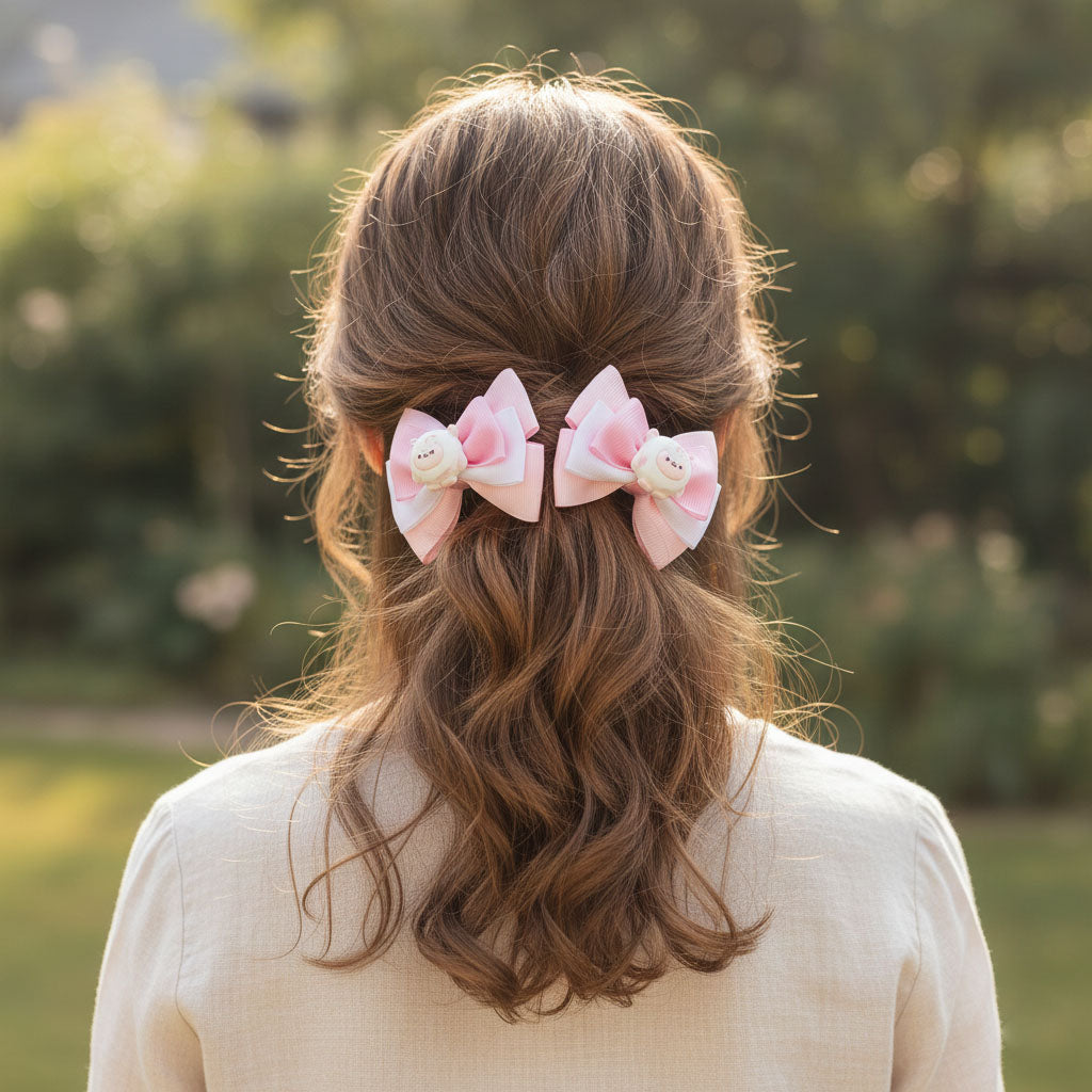 Pastel Bear Bow Hair Clip Set – Handmade Ribbon Bows with Cute Bear Charm