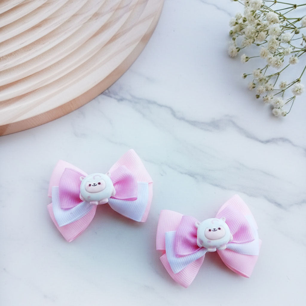 Pastel Bear Bow Hair Clip Set – Handmade Ribbon Bows with Cute Bear Charm