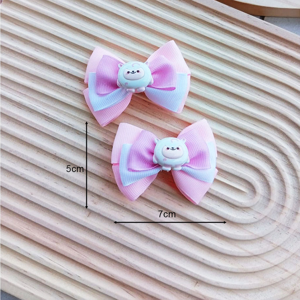 Pastel Bear Bow Hair Clip Set – Handmade Ribbon Bows with Cute Bear Charm