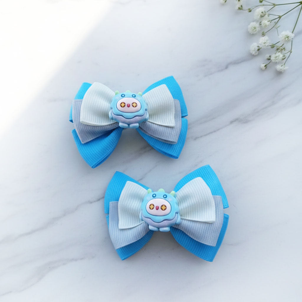 Blue Cartoon Character Bow Hair Clip Set – Handmade Ribbon Bows
