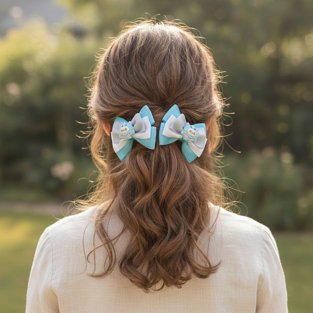 Blue Cartoon Character Bow Hair Clip Set – Handmade Ribbon Bows