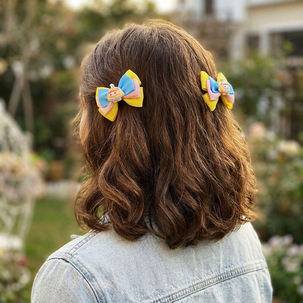 Sunny Pastel Cartoon Bow Hair Clip Set – Handmade Ribbon Bows with Cute Character Charm