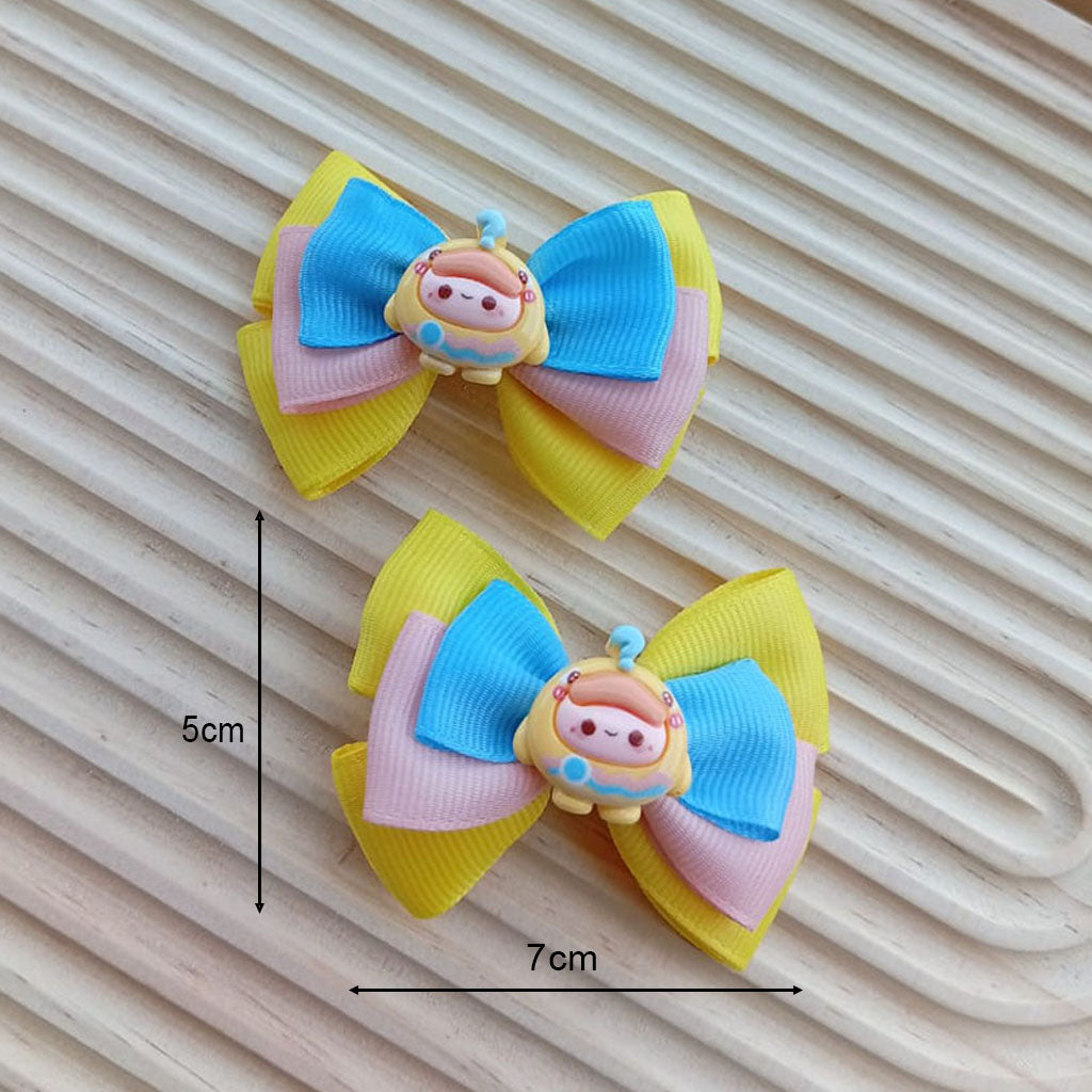 Sunny Pastel Cartoon Bow Hair Clip Set – Handmade Ribbon Bows with Cute Character Charm