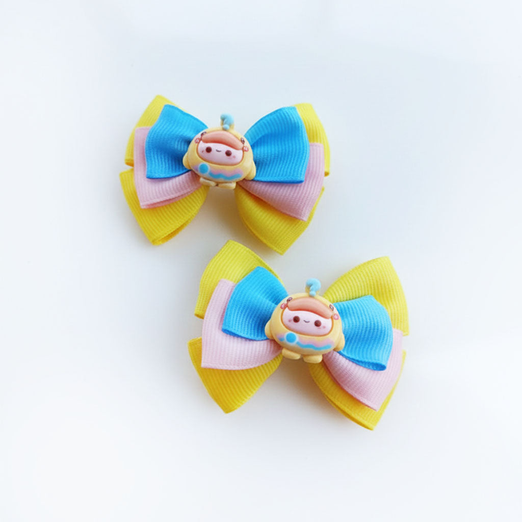 Sunny Pastel Cartoon Bow Hair Clip Set – Handmade Ribbon Bows with Cute Character Charm