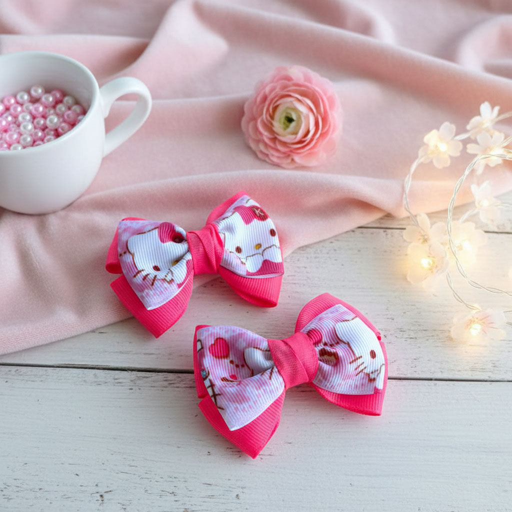 Pink Cartoon Kitty Ribbon Bow Hair Clip – Cute Handmade Hair Accessories for Baby & Kids (Pair)