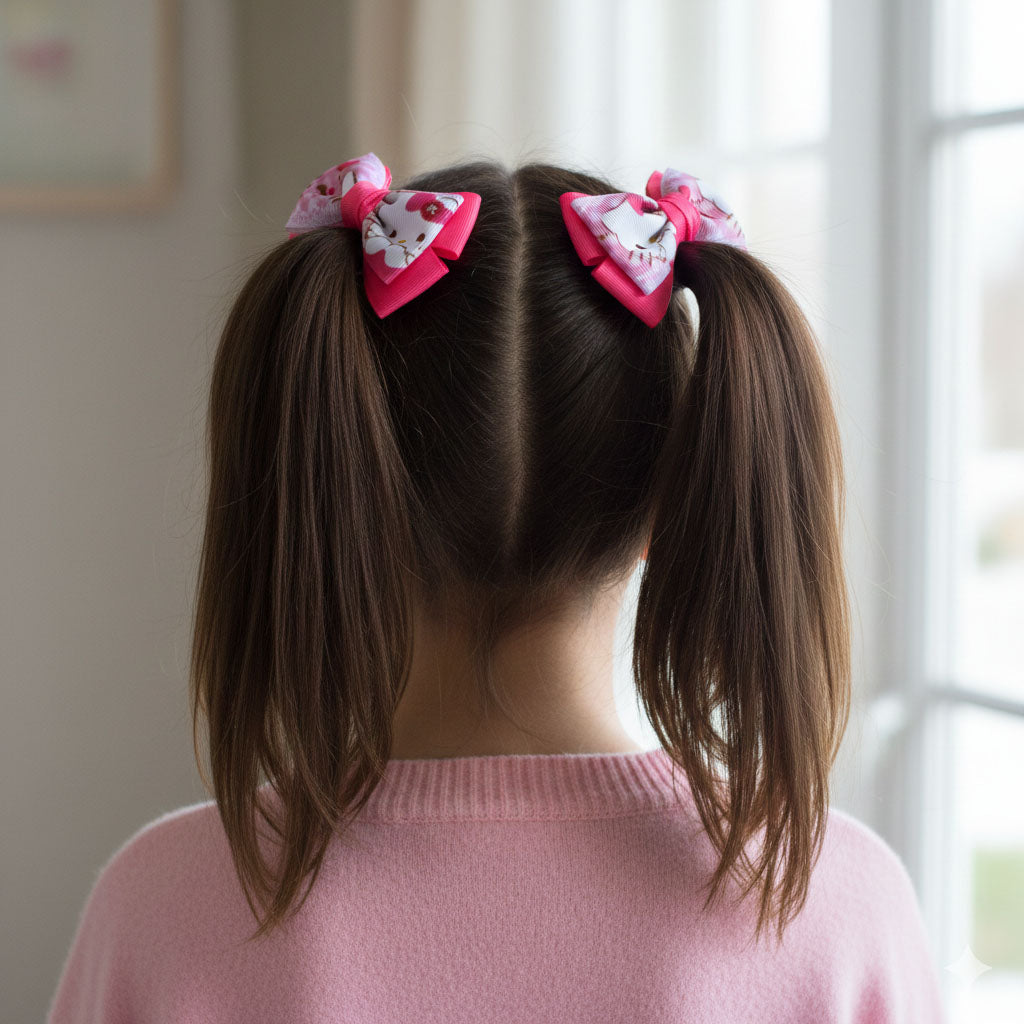 Pink Cartoon Kitty Ribbon Bow Hair Clip – Cute Handmade Hair Accessories for Baby & Kids (Pair)