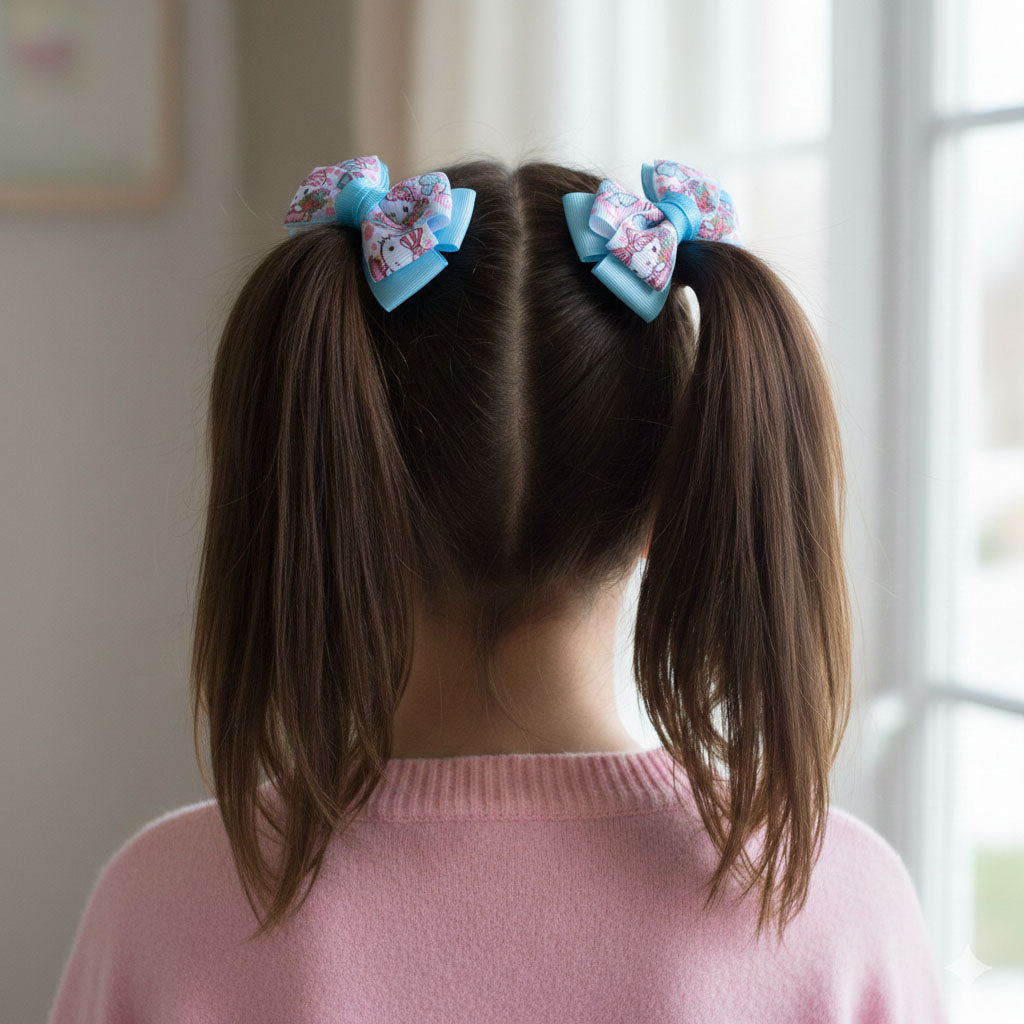 Blue Pastel Cartoon Kitty Ribbon Bow Hair Clip – Cute Handmade Hair Accessories for Baby & Kids (Pair)