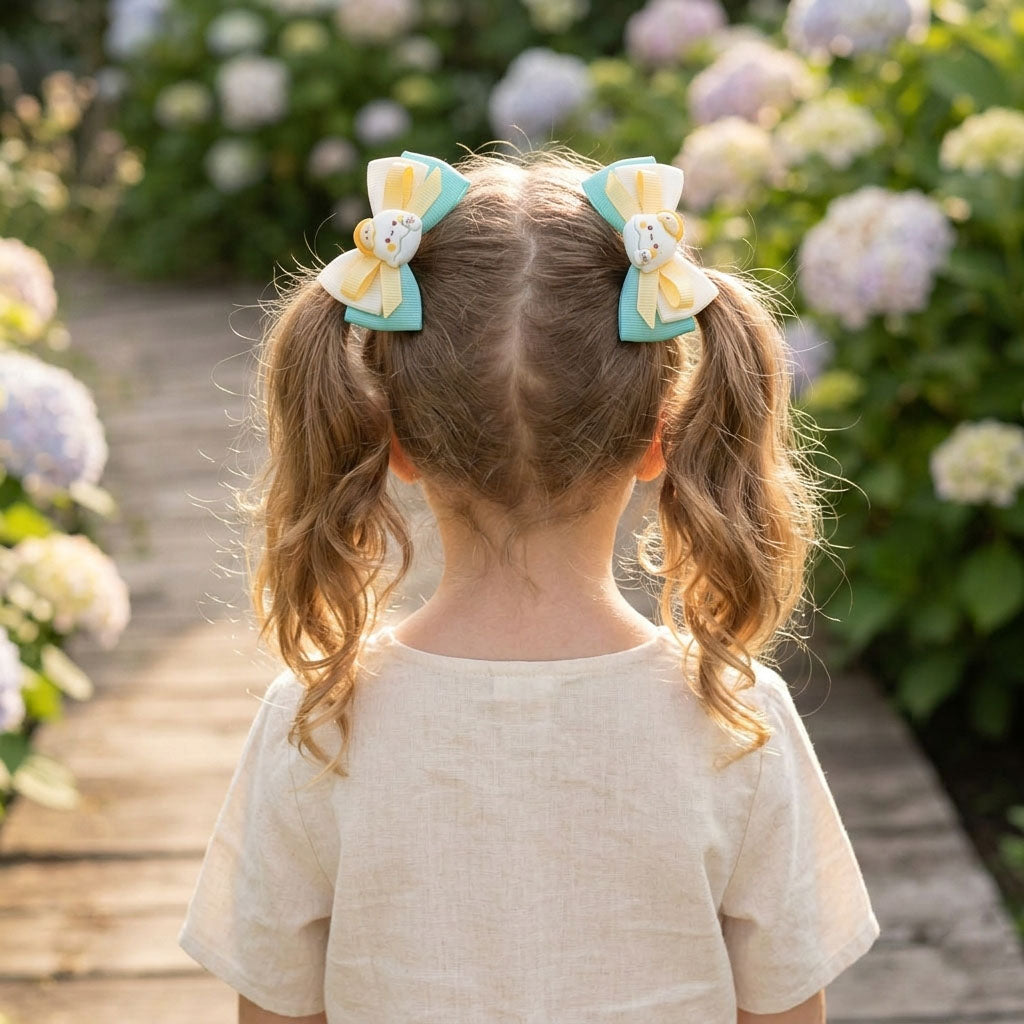 Pastel Mint Cartoon Bear Ribbon Bow Hair Clip – Cute Handmade Hair Accessories for Baby & Kids (Pair)