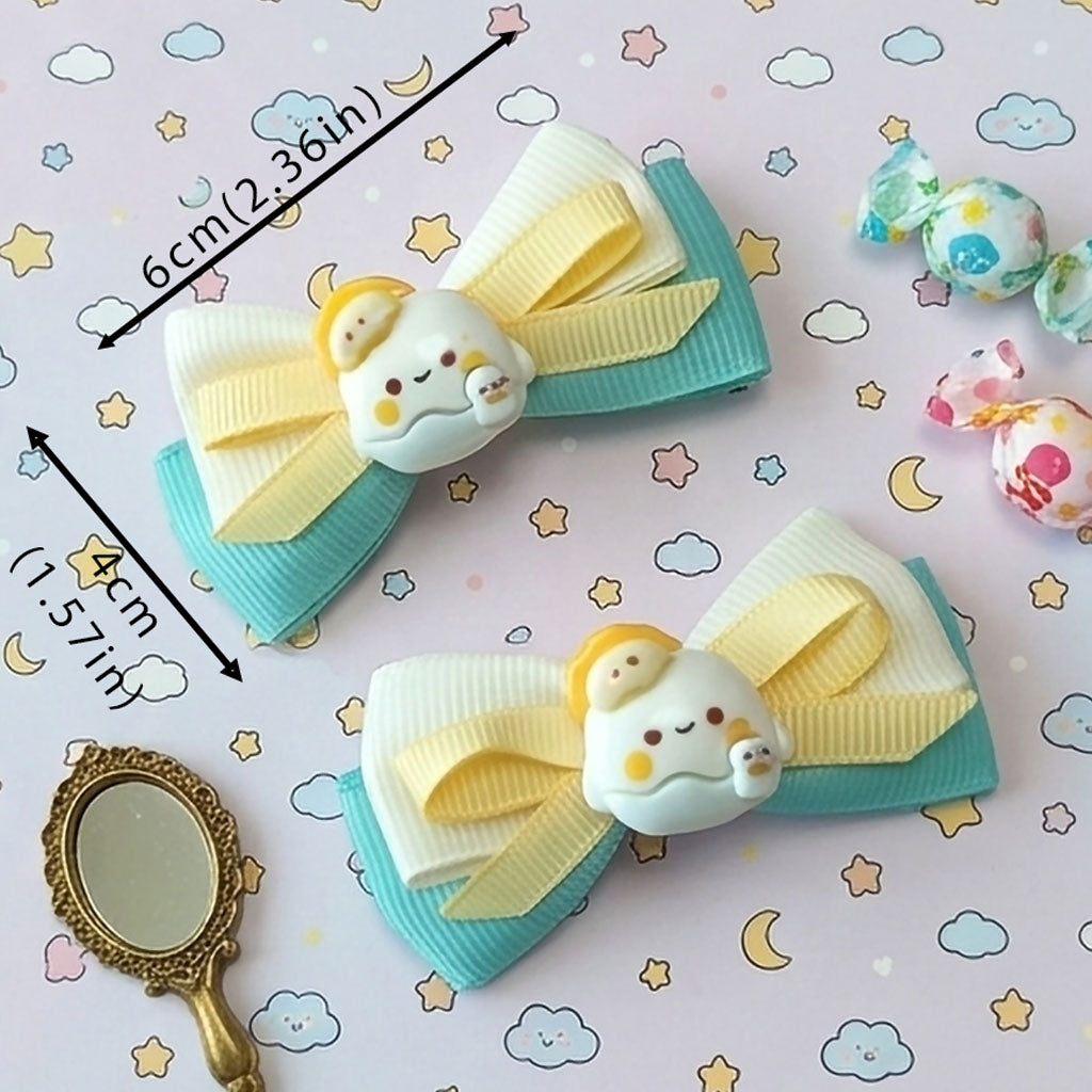 Pastel Mint Cartoon Bear Ribbon Bow Hair Clip – Cute Handmade Hair Accessories for Baby & Kids (Pair)