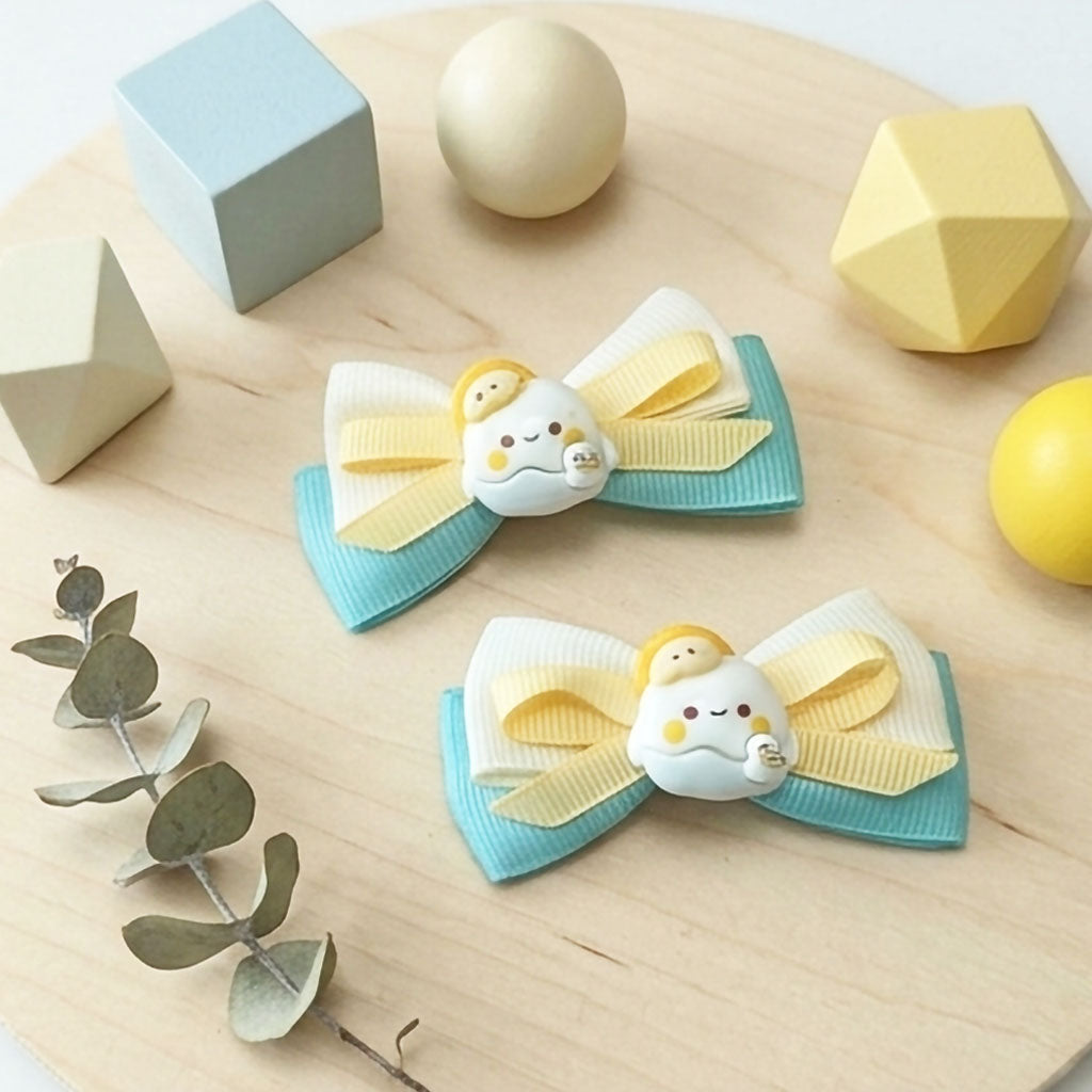 Pastel Mint Cartoon Bear Ribbon Bow Hair Clip – Cute Handmade Hair Accessories for Baby & Kids (Pair)