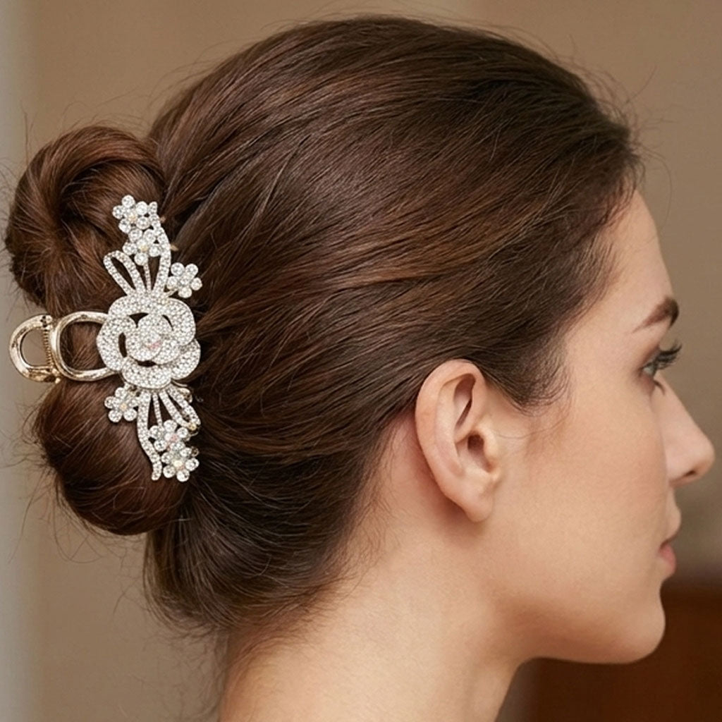 Golden Bloom Crystal Rose Hair Claw – Elegant Rhinestone Flower Hair Clip