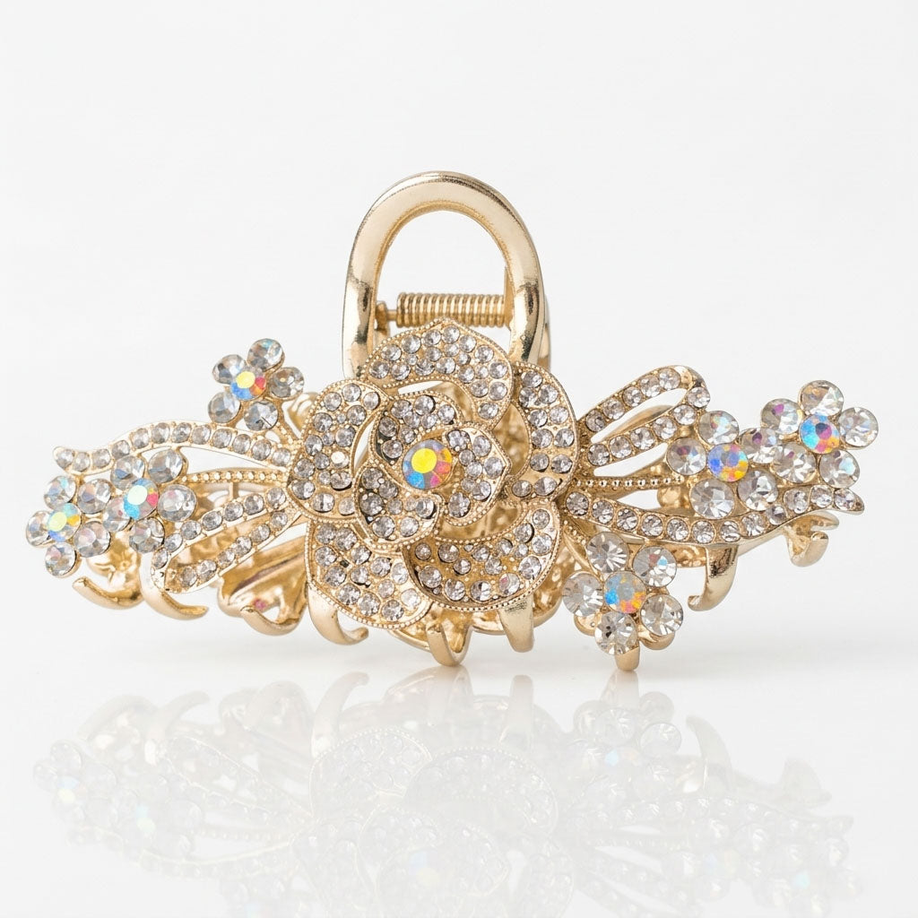 Golden Bloom Crystal Rose Hair Claw – Elegant Rhinestone Flower Hair Clip