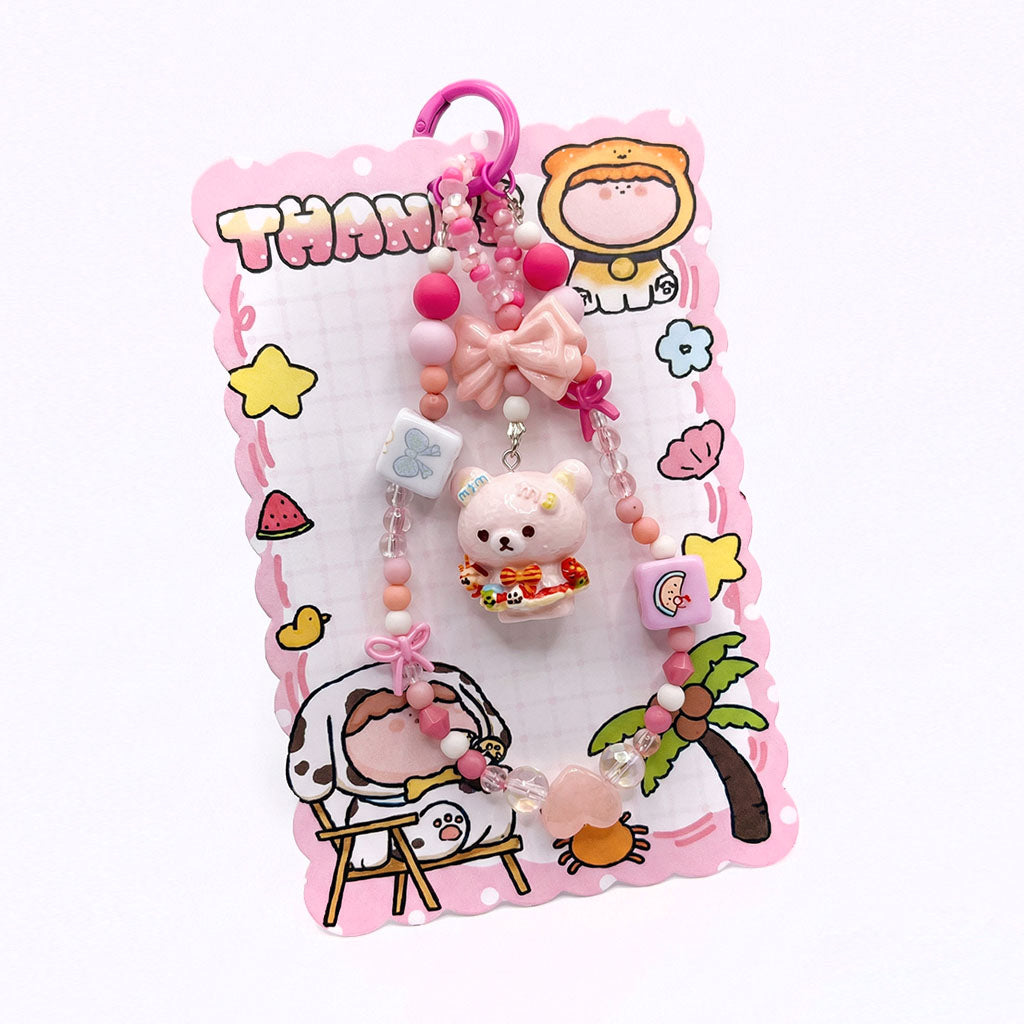 Mochi Bear Charm Phone Strap – Pink Kawaii Beaded Bag Charm