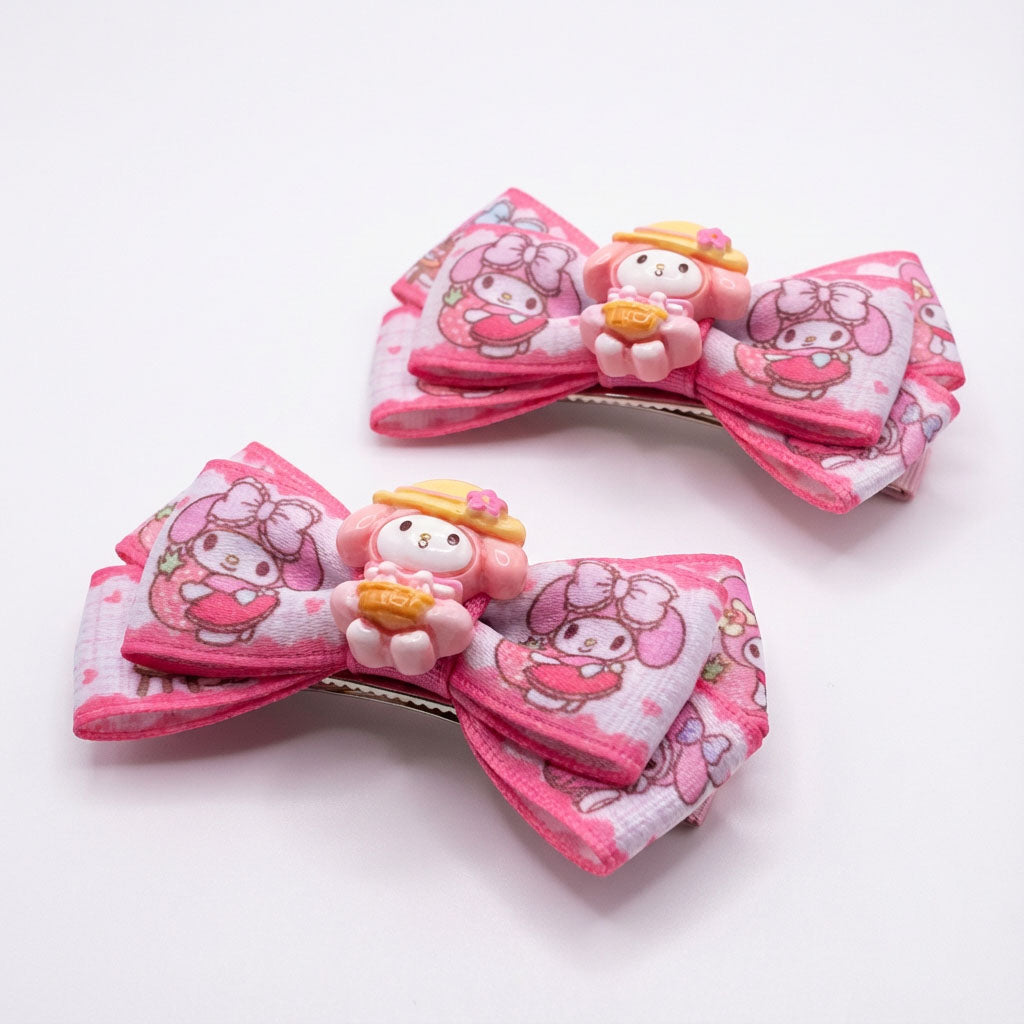 Pink Melody Cartoon Ribbon Bow Hair Clip – Cute Handmade Princess Hair Accessories for Baby & Kids (Pair)