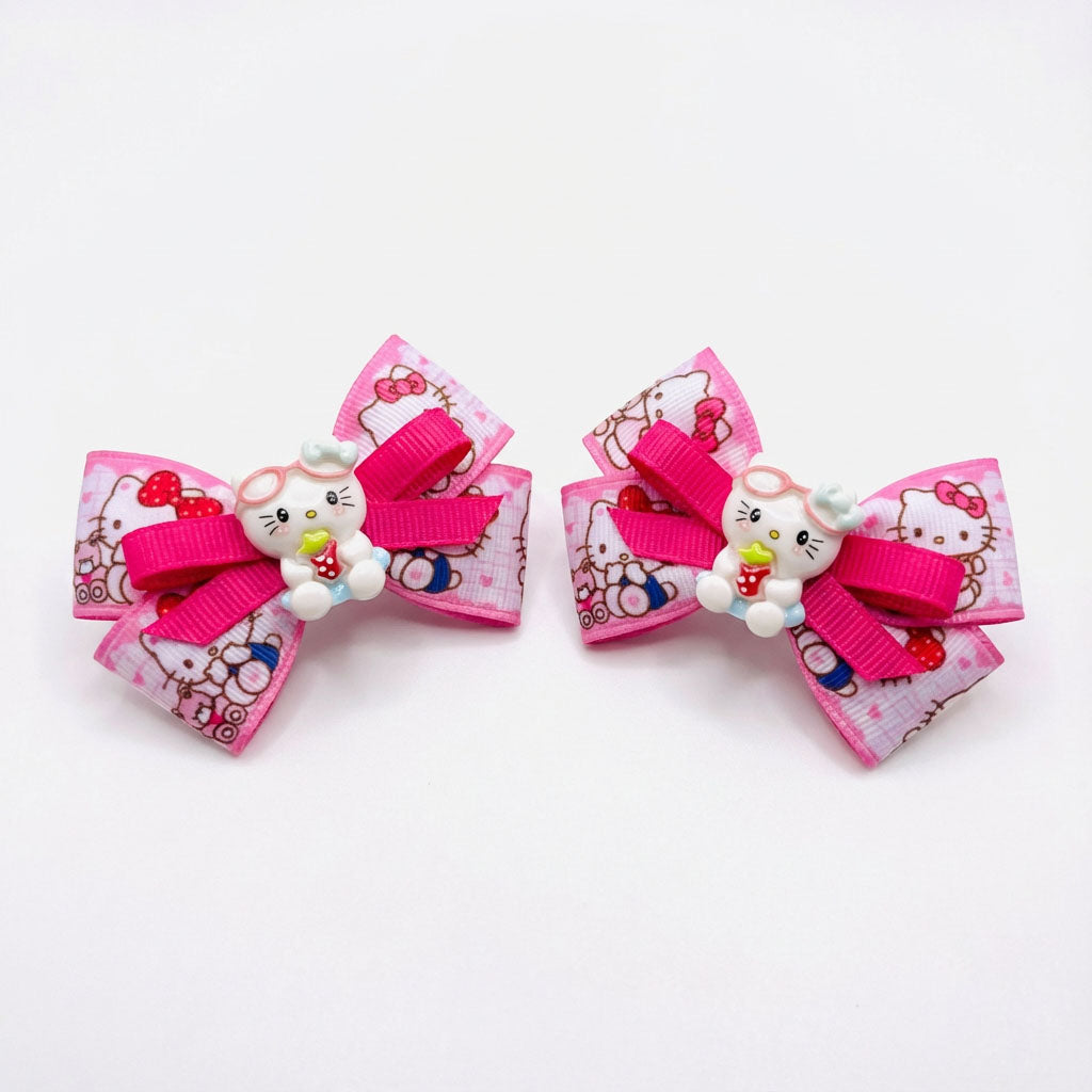 Pink Kitty Cartoon Ribbon Bow Hair Clip for Baby & Kids | Cute Handmade Hair Accessories (Pair)