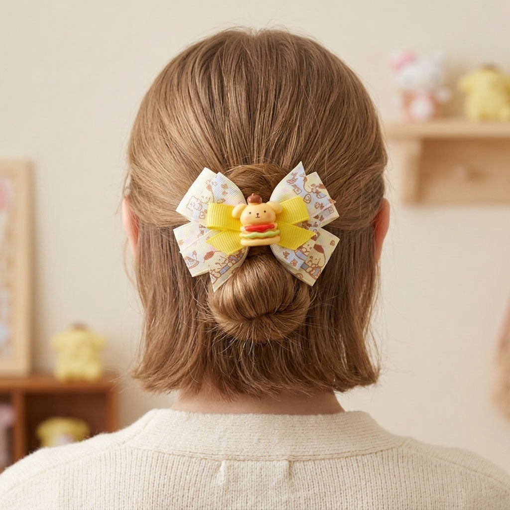 Yellow Cartoon Bear Ribbon Bow Hair Clip – Cute Handmade Pastel Hair Accessories for Baby & Kids (Pair)