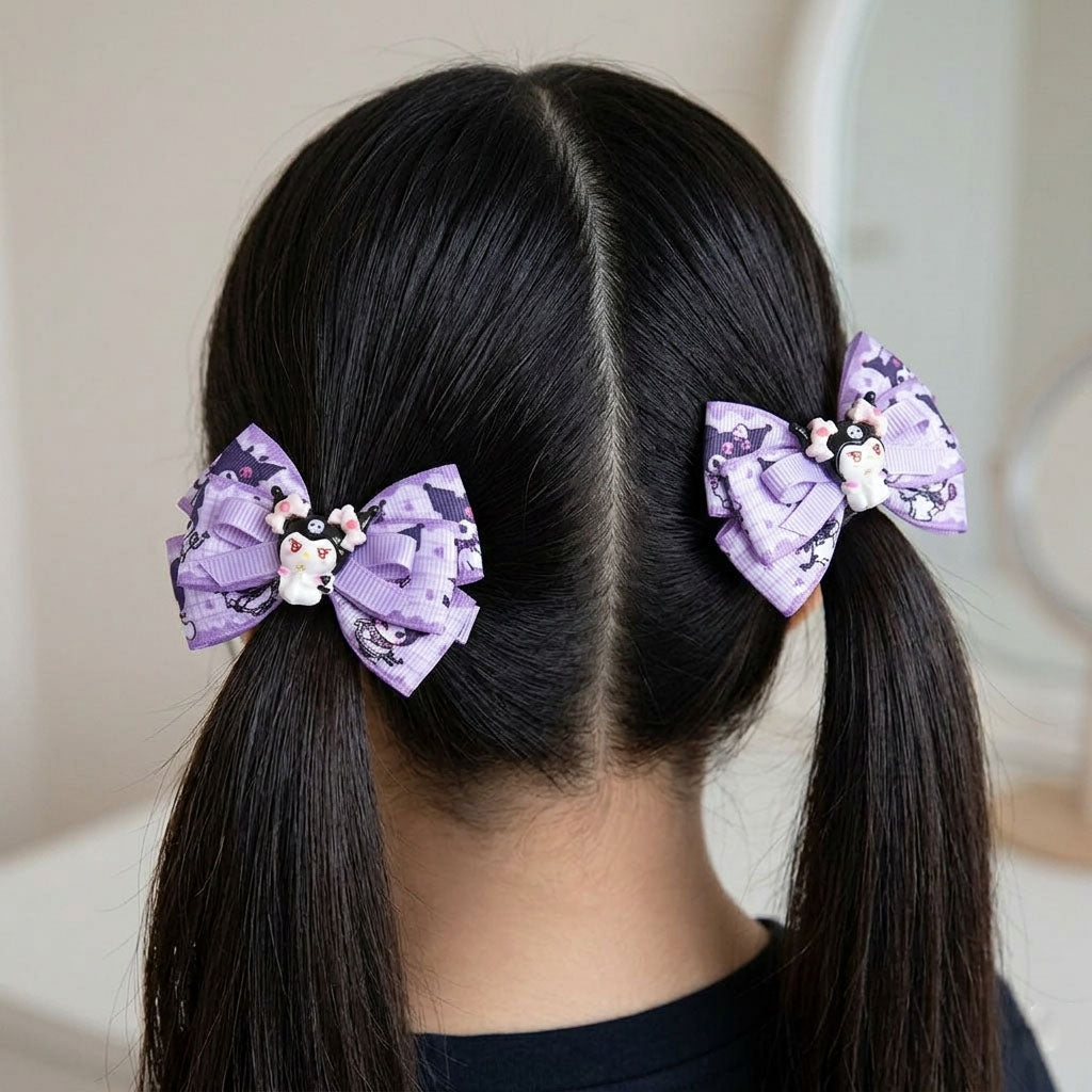 Purple Cartoon Devil Ribbon Bow Hair Clip – Cute Handmade Hair Accessories for Baby & Kids (Pair)
