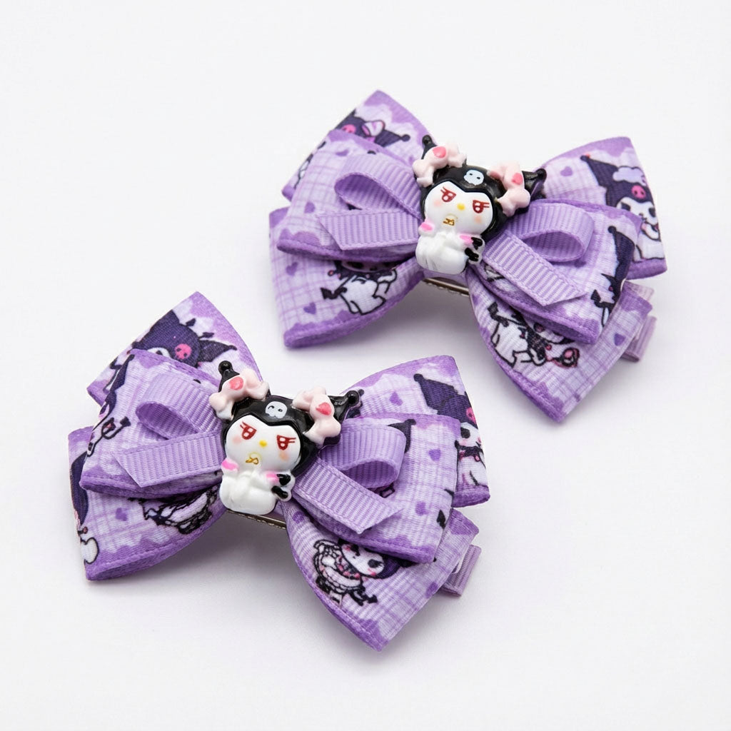 Purple Cartoon Devil Ribbon Bow Hair Clip – Cute Handmade Hair Accessories for Baby & Kids (Pair)
