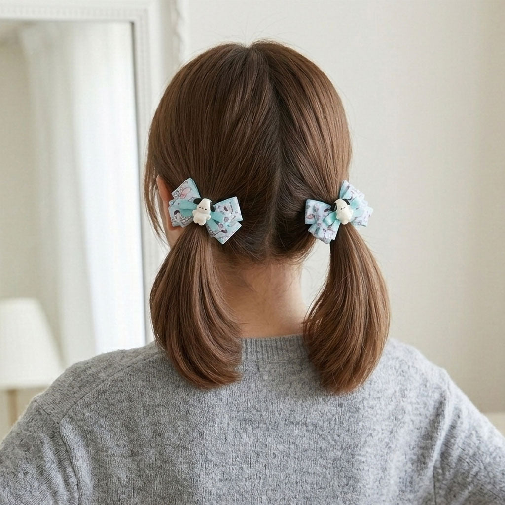 Aqua Blue Cartoon Puppy Ribbon Bow Hair Clip – Cute Handmade Pastel Hair Accessories for Baby & Kids (Pair)