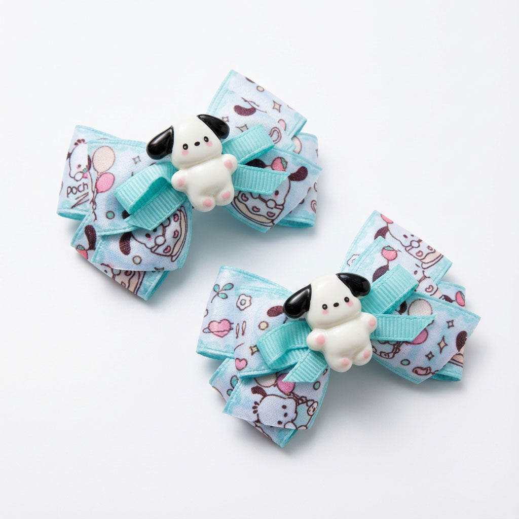 Aqua Blue Cartoon Puppy Ribbon Bow Hair Clip – Cute Handmade Pastel Hair Accessories for Baby & Kids (Pair)