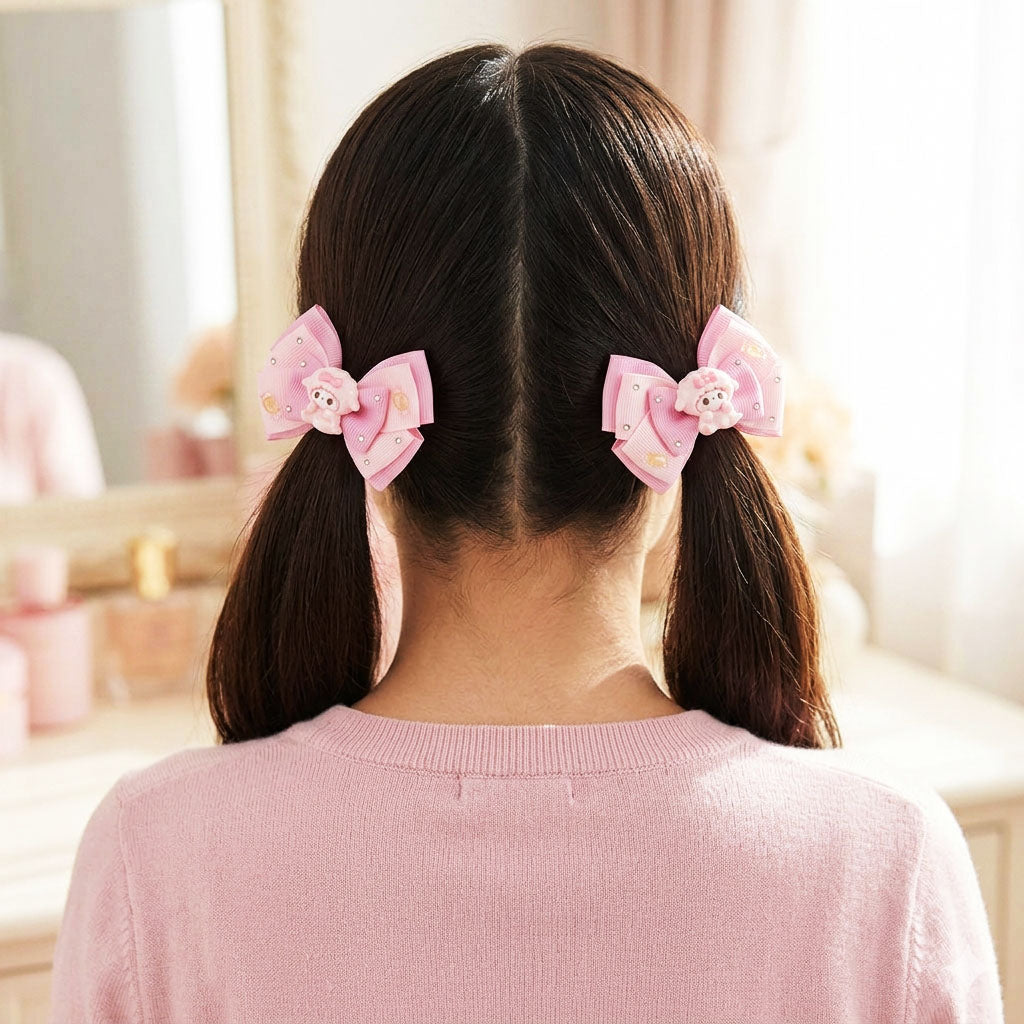 Pink Princess Cartoon Ribbon Bow Hair Clip – Cute Handmade Rhinestone Hair Accessories for Baby & Kids (Pair)