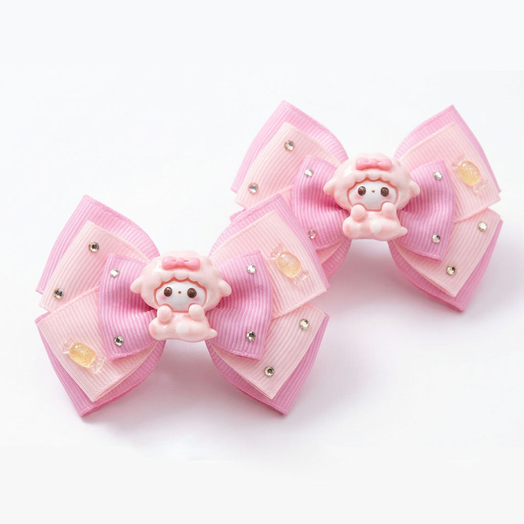 Pink Princess Cartoon Ribbon Bow Hair Clip – Cute Handmade Rhinestone Hair Accessories for Baby & Kids (Pair)