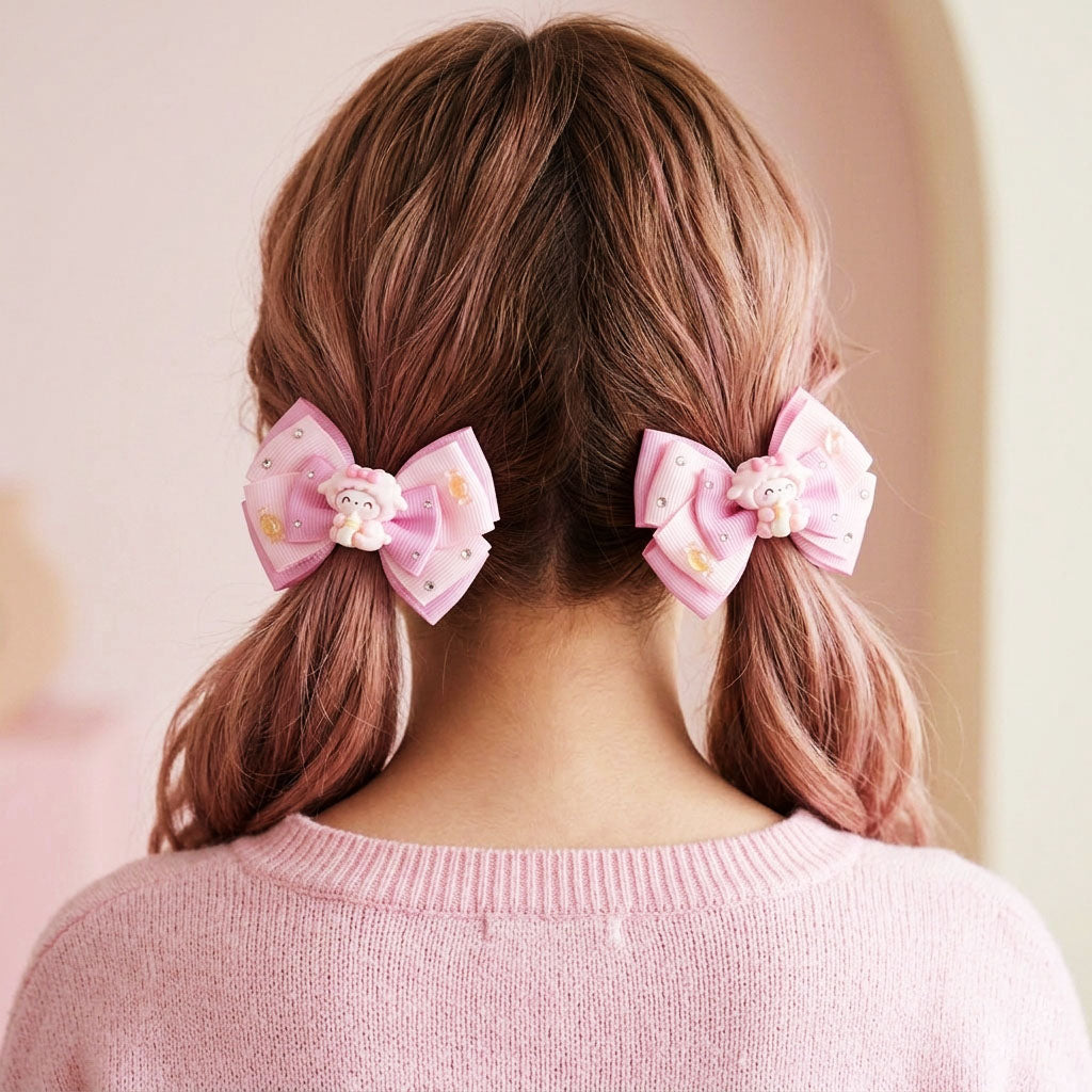 Pink Sweet Princess Cartoon Ribbon Bow Hair Clip – Cute Handmade Rhinestone Hair Accessories for Baby & Kids (Pair)