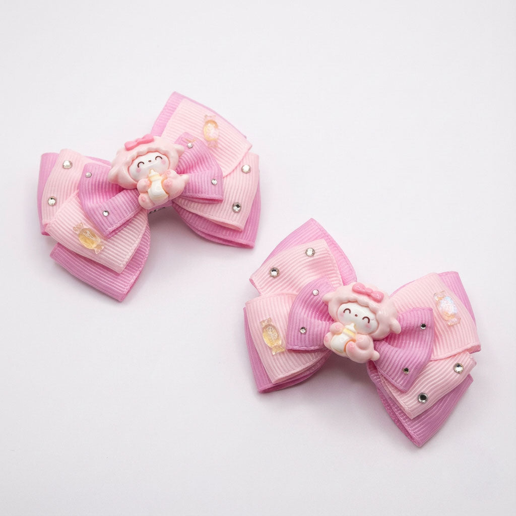 Pink Sweet Princess Cartoon Ribbon Bow Hair Clip – Cute Handmade Rhinestone Hair Accessories for Baby & Kids (Pair)