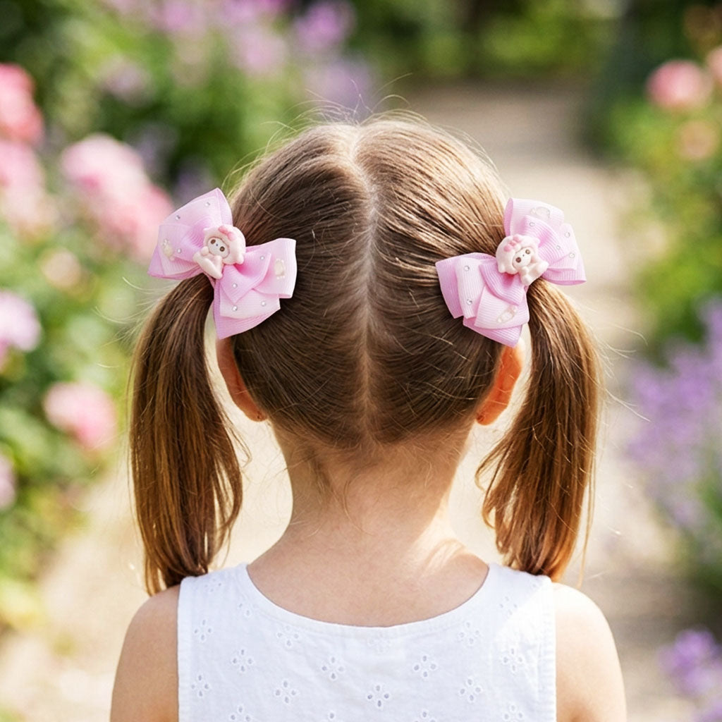 Piano Kitty Open Eyes – Pink Princess Cartoon Ribbon Hair Bow Clip (Pair)