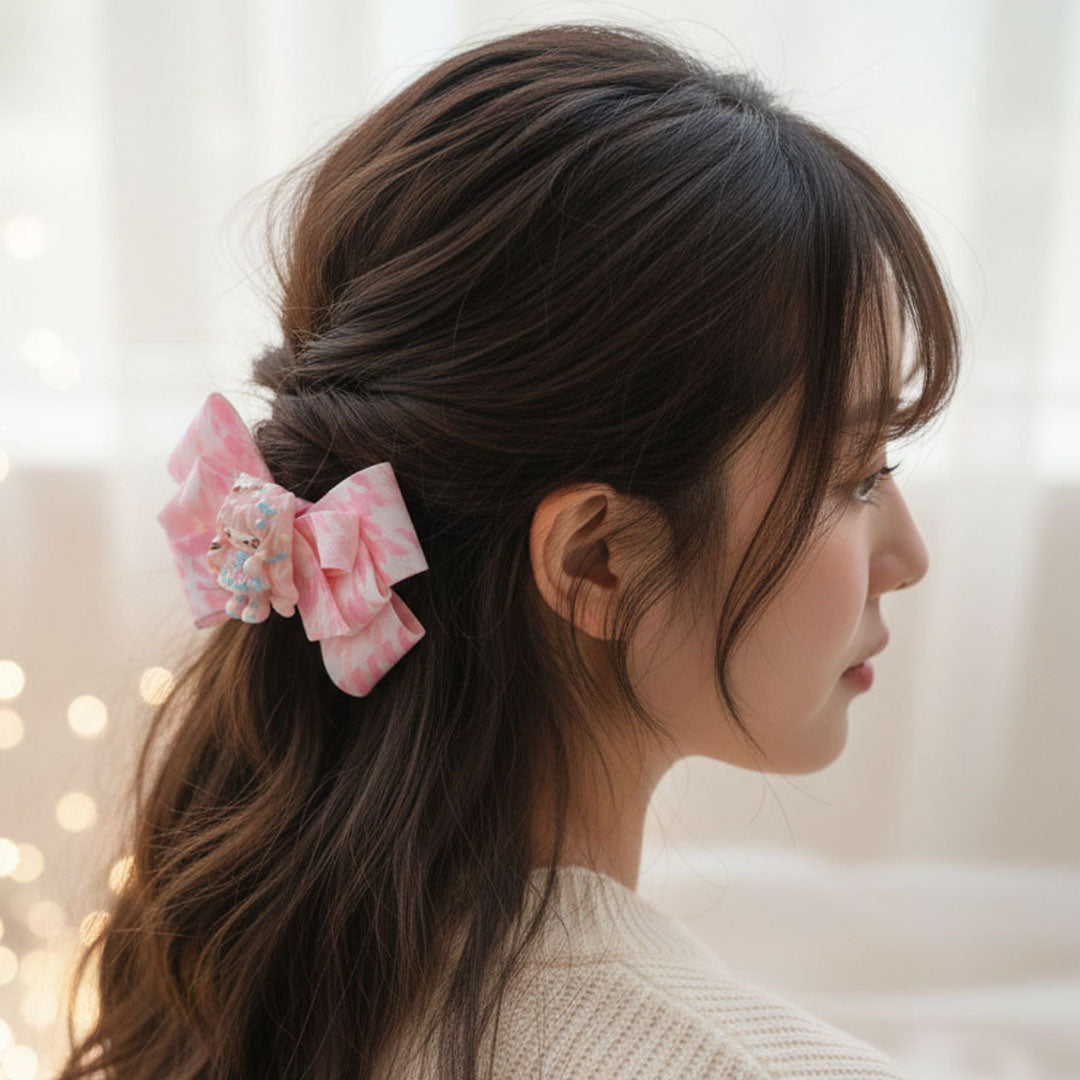 Sweet Princess Ribbon Hair Bow – Pink Pastel Cartoon Doll Clip (Pair)