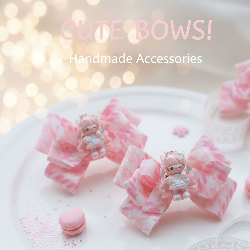 Sweet Princess Ribbon Hair Bow – Pink Pastel Cartoon Doll Clip (Pair)